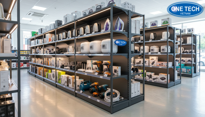 Kệ trưng bày đồ điện trong cửa hàng tại An Giang Ví dụ kệ trưng bày đồ điện lắp đặt trong cửa hàng điện tử chuyên nghiệp tại An Giang