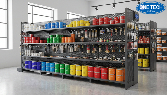 Kệ lưng lưới trưng bày sơn nước tại cửa hàng với lon sơn và phụ kiện