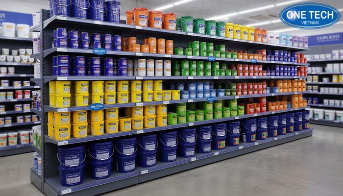 Kệ lưng tôn đột lỗ bày thùng sơn nước gọn gàng và thẩm mỹ