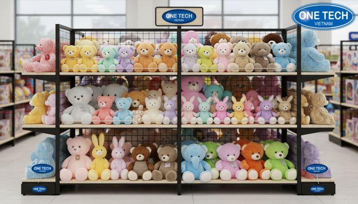 Kệ MDF khung sắt sơn tĩnh điện trưng bày gấu bông