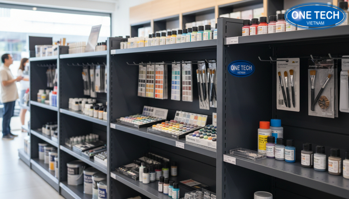 Kệ mini và kệ treo tường trưng bày sản phẩm phụ trợ và chai lọ nhỏ trong cửa hàng sơn