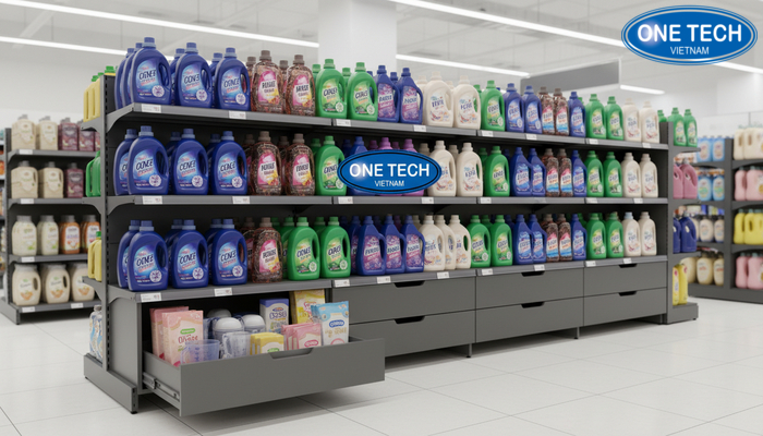 Kệ trưng bày nước giặt có ngăn kéo Kệ có ngăn kéo trưng bày nước giặt và phụ kiện