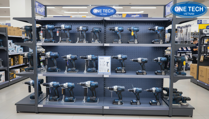 Kệ quảng cáo dụng cụ cầm tay máy khoan Kệ quảng cáo dụng cụ cầm tay cho máy khoan có vị trí gắn thông tin sản phẩm