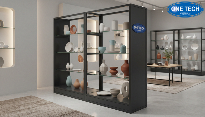 Kệ sắt kết hợp kính trưng bày hàng gốm sứ Kệ sắt kết hợp kính trưng bày gốm sứ cho showroom hiện đại