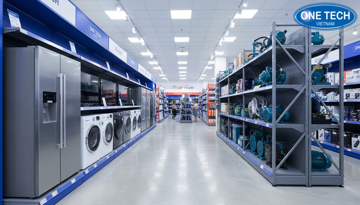 Kệ siêu thị điện máy tải trọng cao Kệ siêu thị điện máy tải trọng cao trưng bày thiết bị nặng và cồng kềnh