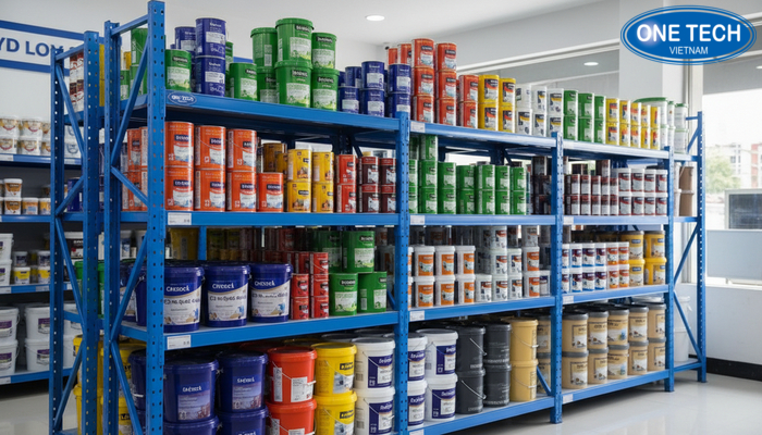Minh họa tải trọng từng tầng kệ trưng bày sơn nước và cách phân bổ thùng sơn an toàn