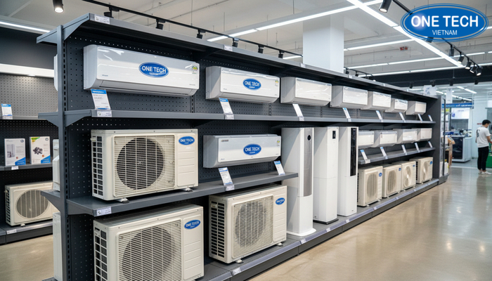 Kệ thép đa tầng trưng bày điều hoà tại cửa hàng điện máy