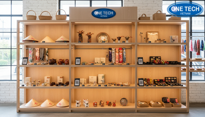 Kệ trưng bày hiện đại tích hợp công nghệ Kệ trưng bày tích hợp đèn LED và mã QR tăng trải nghiệm khách hàng