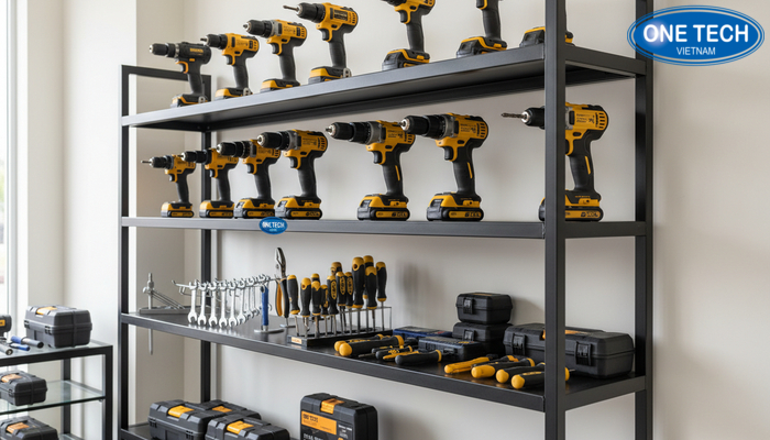 Ứng dụng kệ treo máy khoan sơn tĩnh điện Kệ treo máy khoan sơn tĩnh điện ứng dụng tại cửa hàng dụng cụ cầm tay