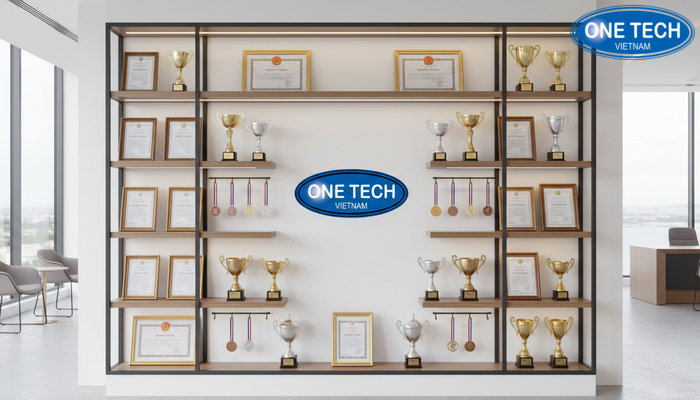 Thi công kệ trưng bày bằng khen OneTech Kệ trưng bày bằng khen OneTech lắp đặt gọn đẹp tại khu vực tiếp khách