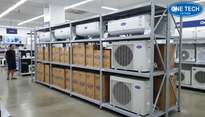 Kệ trưng bày điều hoà OneTech tại điểm bán thực tế