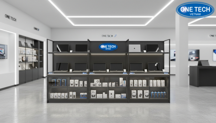 Kệ trưng bày laptop tích hợp đèn LED và ngăn phụ kiện máy tính, bố trí gọn gàng