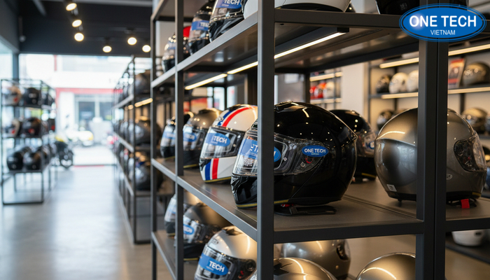 Kệ trưng bày mũ bảo hiểm có đèn giúp làm nổi sản phẩm