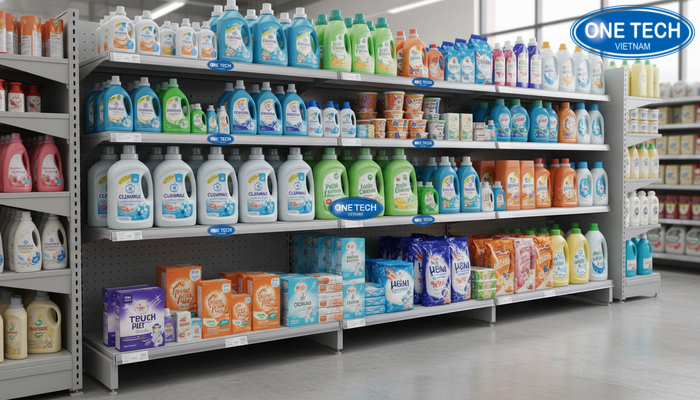 Tổng quan kệ trưng bày nước giặt Tổng quan kệ trưng bày nước giặt trong cửa hàng