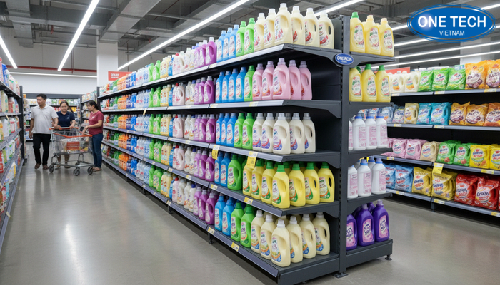 Kệ trưng bày nước xả vải chịu lực tốt Kệ trưng bày nước xả vải chịu lực tốt đặt cạnh khu nước giặt