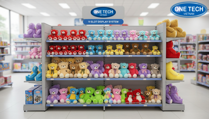 Kệ V lỗ điều chỉnh tầng trưng bày gấu bông linh hoạt