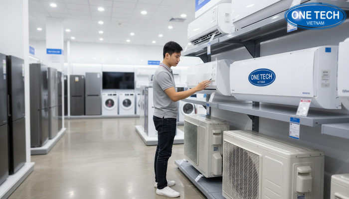 Khách hàng quan sát và lựa chọn máy lạnh trên kệ trưng bày