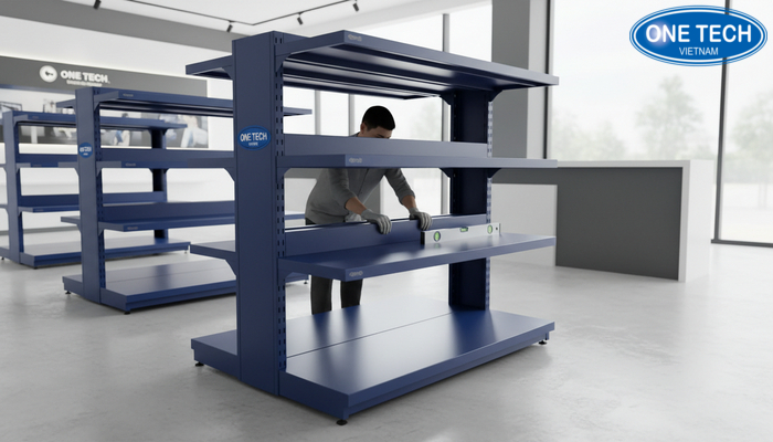 Minh họa lắp ráp kệ trưng bày laptop: kiểm tra chân kệ, siết ốc, cân chỉnh mặt kệ