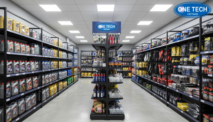 Layout đồng bộ kệ trưng bày dầu nhớt và kệ phụ tùng xe máy
