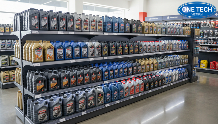 Mẫu kệ thép sơn tĩnh điện trưng bày dầu nhớt do OneTech Group sản xuất