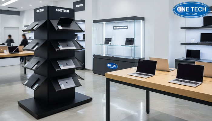 Các mẫu kệ trưng bày laptop tiêu biểu gồm kệ đứng, kệ bàn và tủ kính