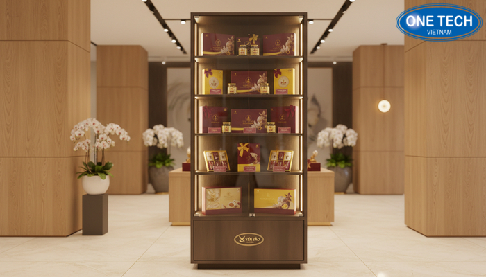 Tủ kính LED trưng bày yến sào Mẫu tủ kính đèn LED trưng bày yến sào cao cấp tại showroom