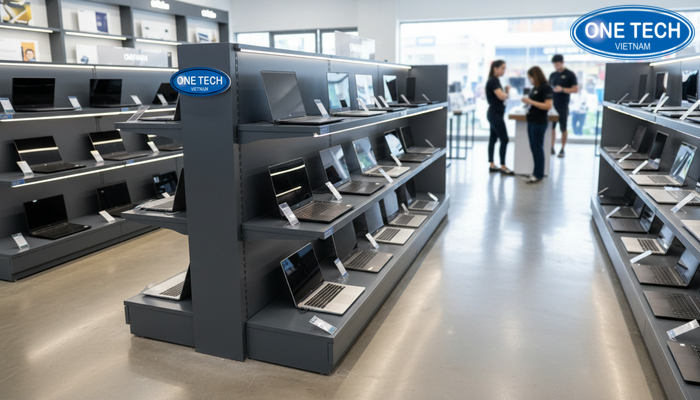 Mô hình showroom sử dụng kệ trưng bày laptop chuyên nghiệp, lối đi rộng và phân khu rõ ràng
