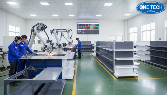 Nhà xưởng sản xuất kệ OneTech An Giang Khu vực sản xuất và gia công kệ tại OneTech - Kệ siêu thị An Giang