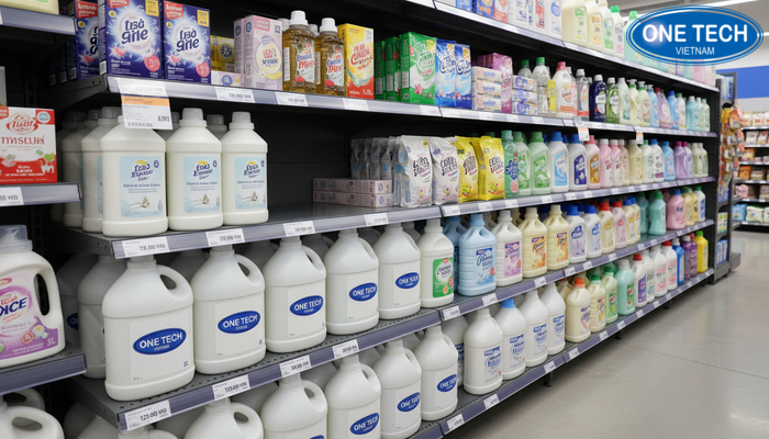 Bảng giá rõ ràng cho kệ trưng bày nước giặt Nhãn giá và bảng giá rõ ràng trên kệ nước giặt