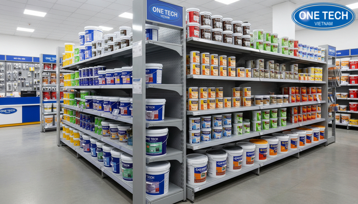 OneTech Kệ siêu thị An Giang tư vấn và lắp đặt kệ trưng bày sơn nước