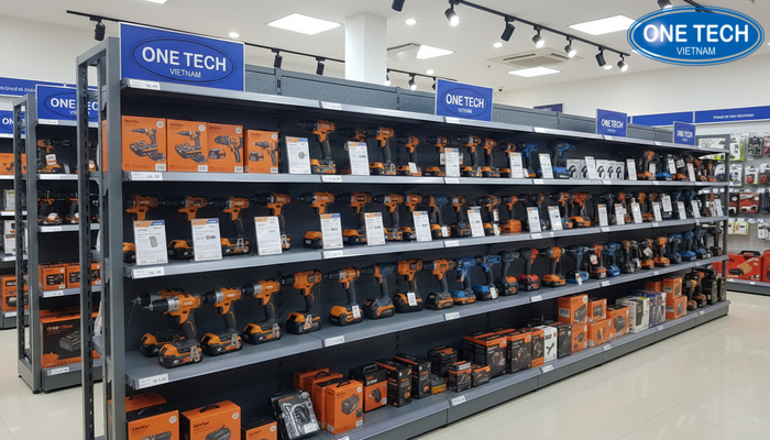 Kệ trưng bày máy khoan sơn tĩnh điện OneTech Group Mẫu kệ trưng bày máy khoan sơn tĩnh điện do OneTech Group cung cấp