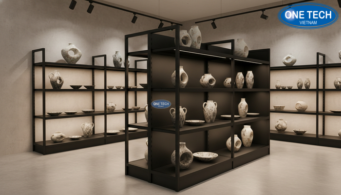 Phân loại kệ trưng bày gốm sứ phổ biến Các loại kệ trưng bày gốm sứ theo chất liệu và kiểu dáng