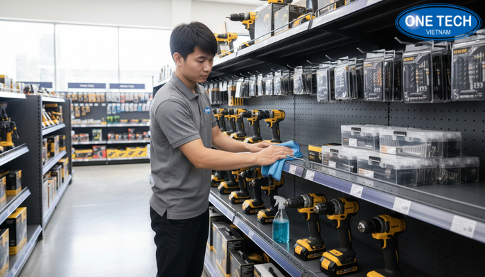 Vệ sinh kệ trưng bày máy khoan Quy trình vệ sinh kệ trưng bày máy khoan bằng khăn mềm và dung dịch phù hợp