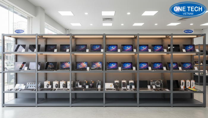 Không gian trưng bày kệ laptop tại OneTech Group, bố trí gọn và đồng bộ