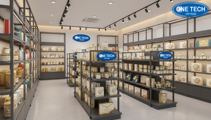 Showroom yến sào thi công kệ trưng bày tại An Giang Không gian showroom yến sào tại An Giang sử dụng kệ trưng bày đồng bộ