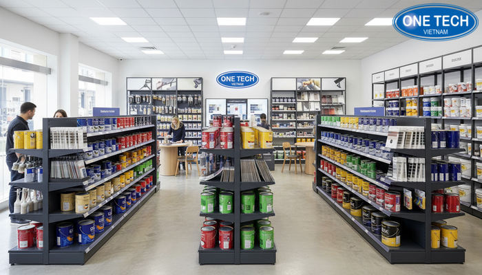 Ví dụ bố trí kệ trưng bày sơn nước tối ưu lối đi và khu tư vấn màu