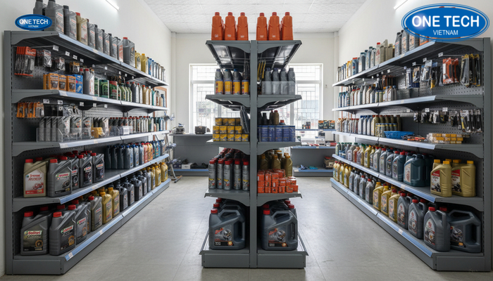 Sơ đồ bố trí kệ trưng bày dầu nhớt hợp lý, đảm bảo lối đi và khu vực tư vấn