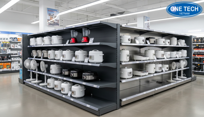 So sánh kệ thép sơn tĩnh điện và inox So sánh chất liệu kệ thép sơn tĩnh điện và inox trong trưng bày đồ điện