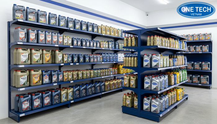 So sánh kệ áp tường và kệ giữa nhà cho cửa hàng dầu nhớt
