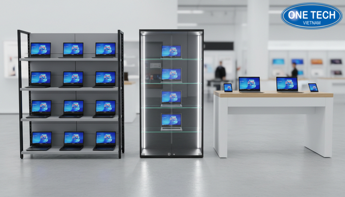So sánh kệ đứng nhiều tầng, tủ kính có đèn LED và kệ bàn trưng bày laptop