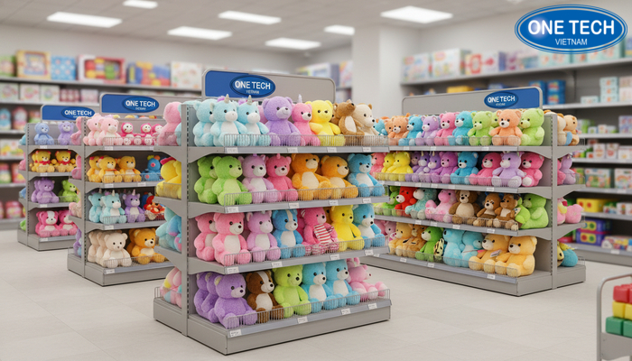 So sánh kích thước và bố cục kệ trưng bày gấu bông trong cửa hàng