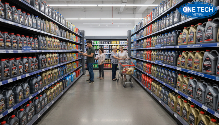 So sánh cửa hàng trước và sau khi lắp kệ trưng bày dầu nhớt chuyên dụng