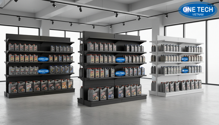 So sánh kệ thép sơn tĩnh điện, kệ nhựa và kệ inox cho trưng bày dầu nhớt