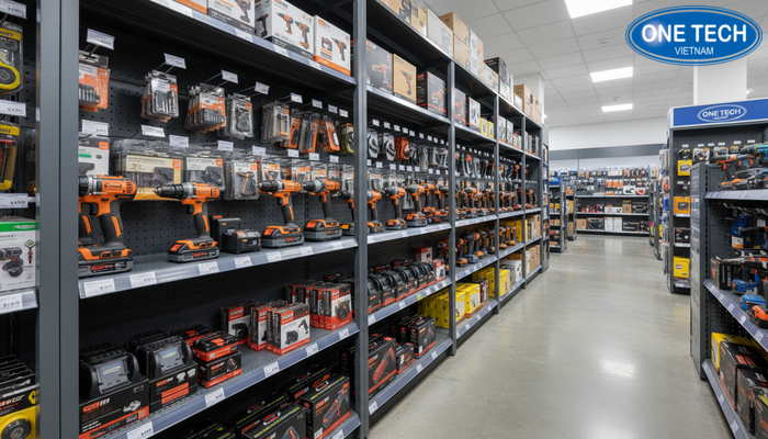 Trước và sau khi dùng kệ trưng bày máy khoan So sánh trước và sau khi bố trí kệ trưng bày máy khoan trong cửa hàng