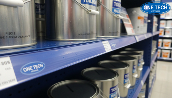 Cận cảnh bề mặt sơn tĩnh điện chống gỉ trên kệ sắt trưng bày sơn nước