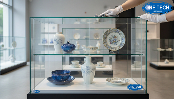Vệ sinh kệ kính trưng bày hàng gốm sứ Minh họa vệ sinh kệ kính trưng bày đồ sứ để hạn chế trầy xước