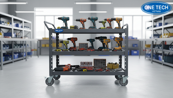 Xe đẩy kệ di động trưng bày máy khoan Xe đẩy kệ di động dùng vận chuyển và trưng bày máy khoan trong kho
