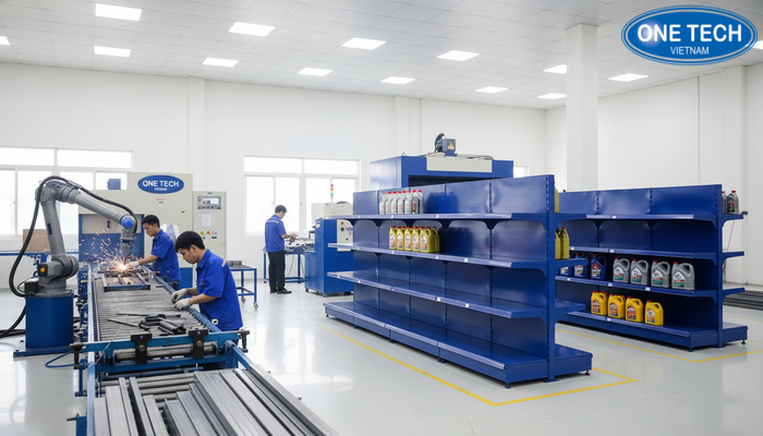 Hình ảnh xưởng sản xuất kệ của OneTech Group tại An Giang