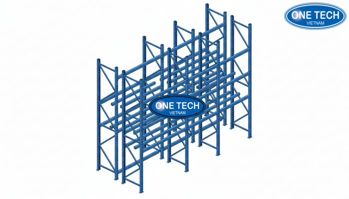 Bản vẽ kỹ thuật kệ double deep với các bộ phận khung, beam, thanh đỡ