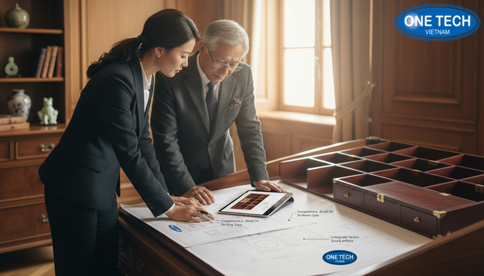 Thiết kế kệ trưng bày đồ cổ theo yêu cầu Phác thảo kích thước kệ theo yêu cầu dựa trên bộ sưu tập và mặt bằng phòng